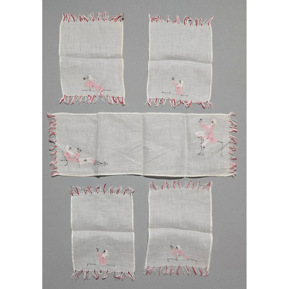 Vintage Linen Cocktail Napkins Barware Applique Man Fringe MCM Victorian